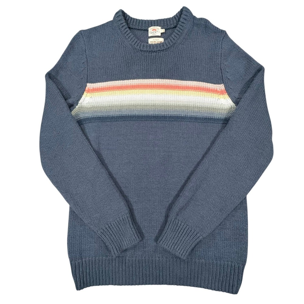 Faherty Knit Heirloom Sweater Mens M Blue Rainbow Striped Organic Cotton NEW